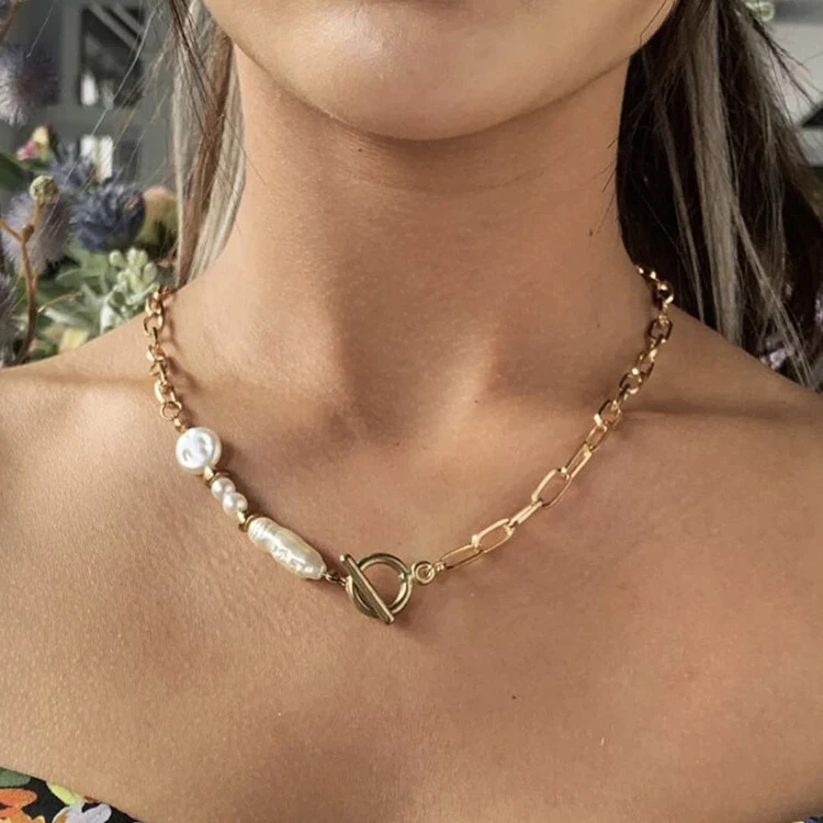 

Trendy natural freshwater pearl asymmetrical chunky chain necklace women's short necklace choker gold chains for girls, Optional as picture,or customized