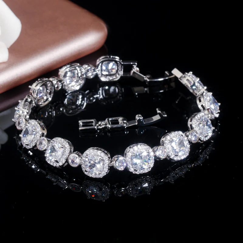 

White Gold Color Princess Cut Shiny Cubic Zircon Bangle Bracelet Gifts for Women Luxury Wedding Guest Female Jewelry Accessories