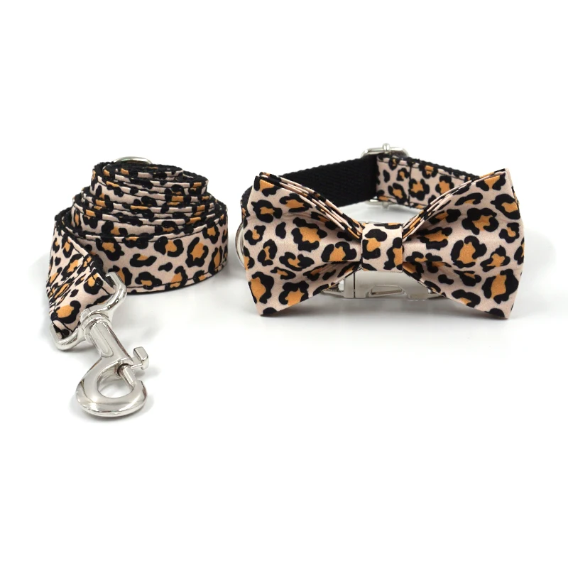 

Custom pet dog harness Leopard printing pattern dog collar training leash and collar set with matched bow tie, As photo