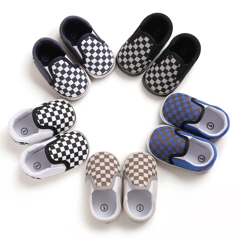 

Hot sale Canvas Checkered breathable 0-2 years slip on infant baby boy shoes, 5 colors