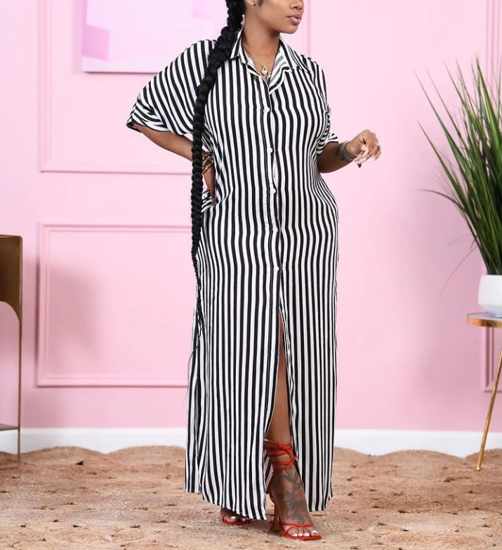 

2021 New Arrivals Fashion Women Casual Turn-down Collar Front Buttons 3/4 Sleeve Waist Belt Striped Patchwork Dress