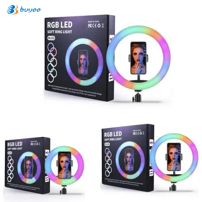 

MJ20 MJ33 RGB 7 colors Remote Adjustable Selfie LED Ring Light with Cell Phone Holder for Live Stream Makeup