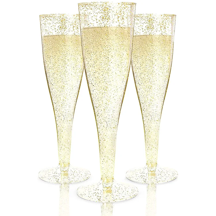 

30 Plastic Champagne Flutes Disposable | Gold Glitter Plastic Champagne Glasses for Parties | Glitter Clear Plastic Cups