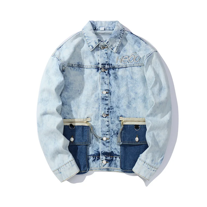 

Wholesale High Quality Fashion Streetwear Blue Denim Jacket With Embroidery For Men, As picture