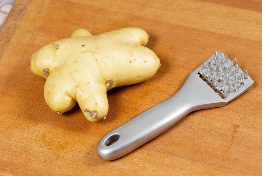 Fresh ginger root with peeler and grater on wooden cutting board