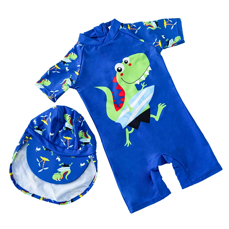 

Kids beach leisure sportswear, sun hat, boys and children, one-piece swimsuit, swimming trunks, quick-drying, pattern: dinosaur