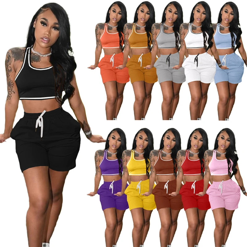 

2021 New Arrival Solid Color Two Piece Sport Jogging Sets Sleeveless Pocketed Crop Tank Top Short Set Tracksuit Women Sets, As picture