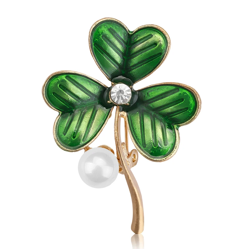 

Crystal Clover Lucky Grass Pearl Brooches for Women Enamel Pins Fashion Jewelry Plant Style Pearl Rhinestone Flower Brooches