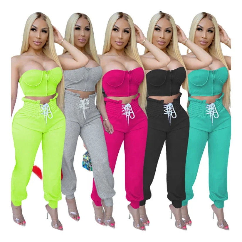 

Women Summer Clothes 2021 Two Piece Strapless Bustier Top Sweatpants Women Set