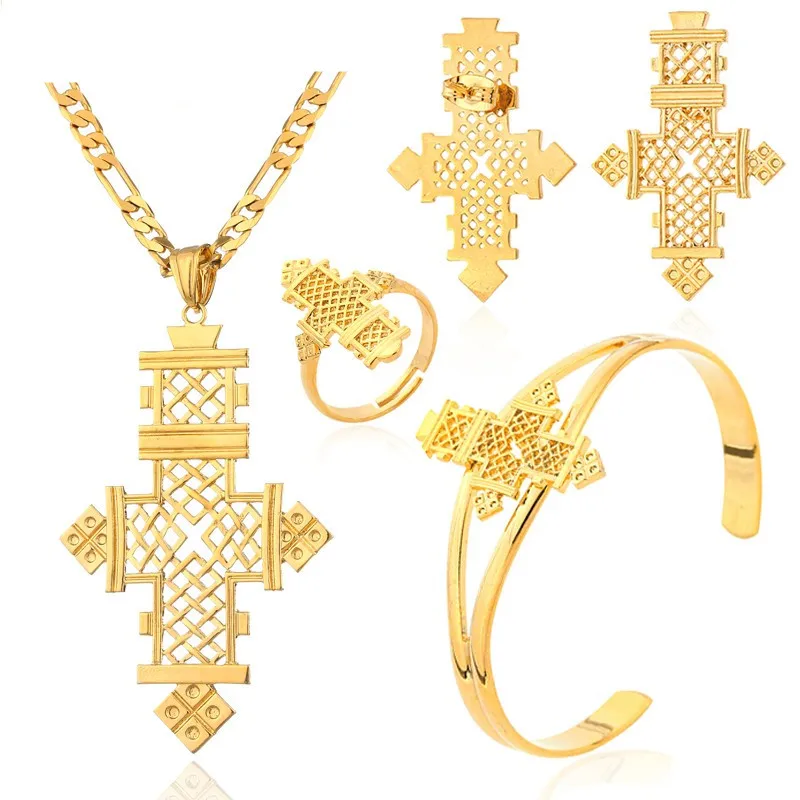 

Ethlyn Fashion Ethiopian Cross Pendant Rings Bracelets Earrings Sets 18K Gold Plated Cross 4Pcs Jewelry for Eritrean Women S33