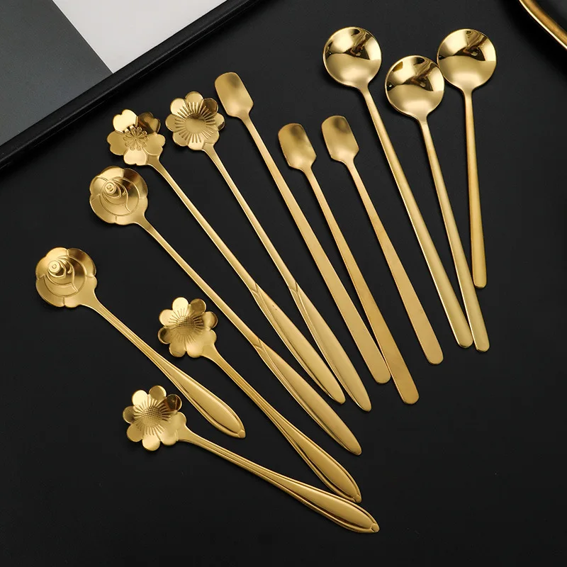 

Stainless steel flower/suare/round shape gold dessert spoon tea spoon, Silver , gold , rose gold , black , rainbow