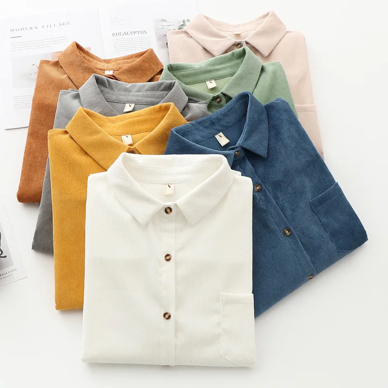 

Loose Casual Corduroy Women Solid Color Blouses Lady Elegant Shirt, Custom color