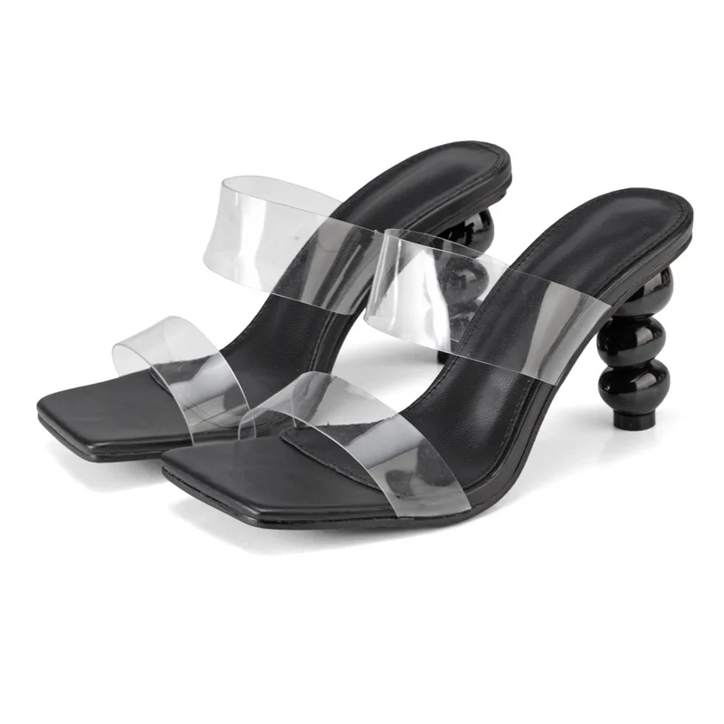 

Dropshipping women sandals new heels slippers open toe mules clear upper high heel sandal, Black, beige