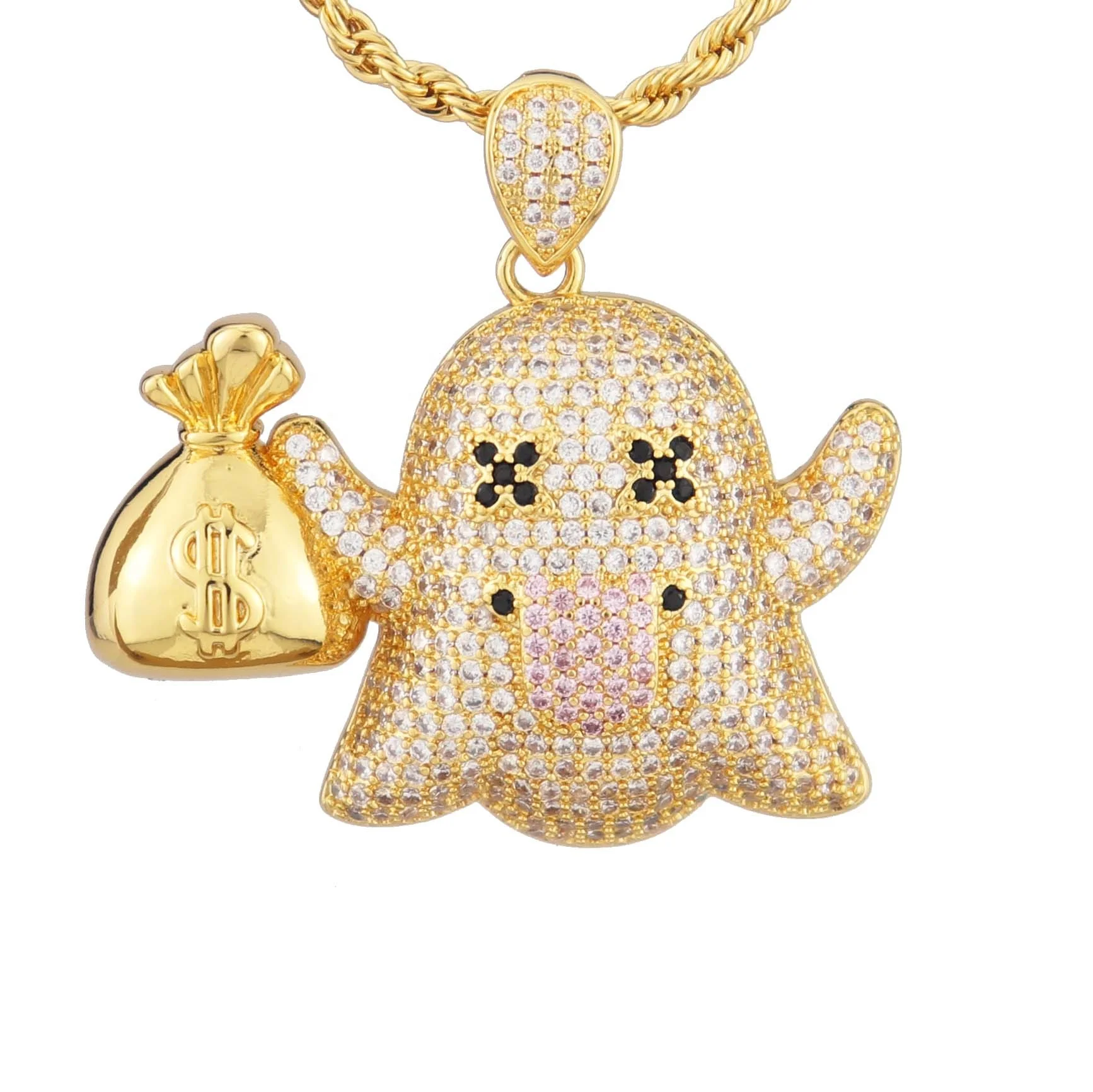 

Fashion jewellery cute ghost Take money bag Pendant Necklace jewelry sets gift Cubic Zirconia 18k gold plated fine jewelry set, White/gold