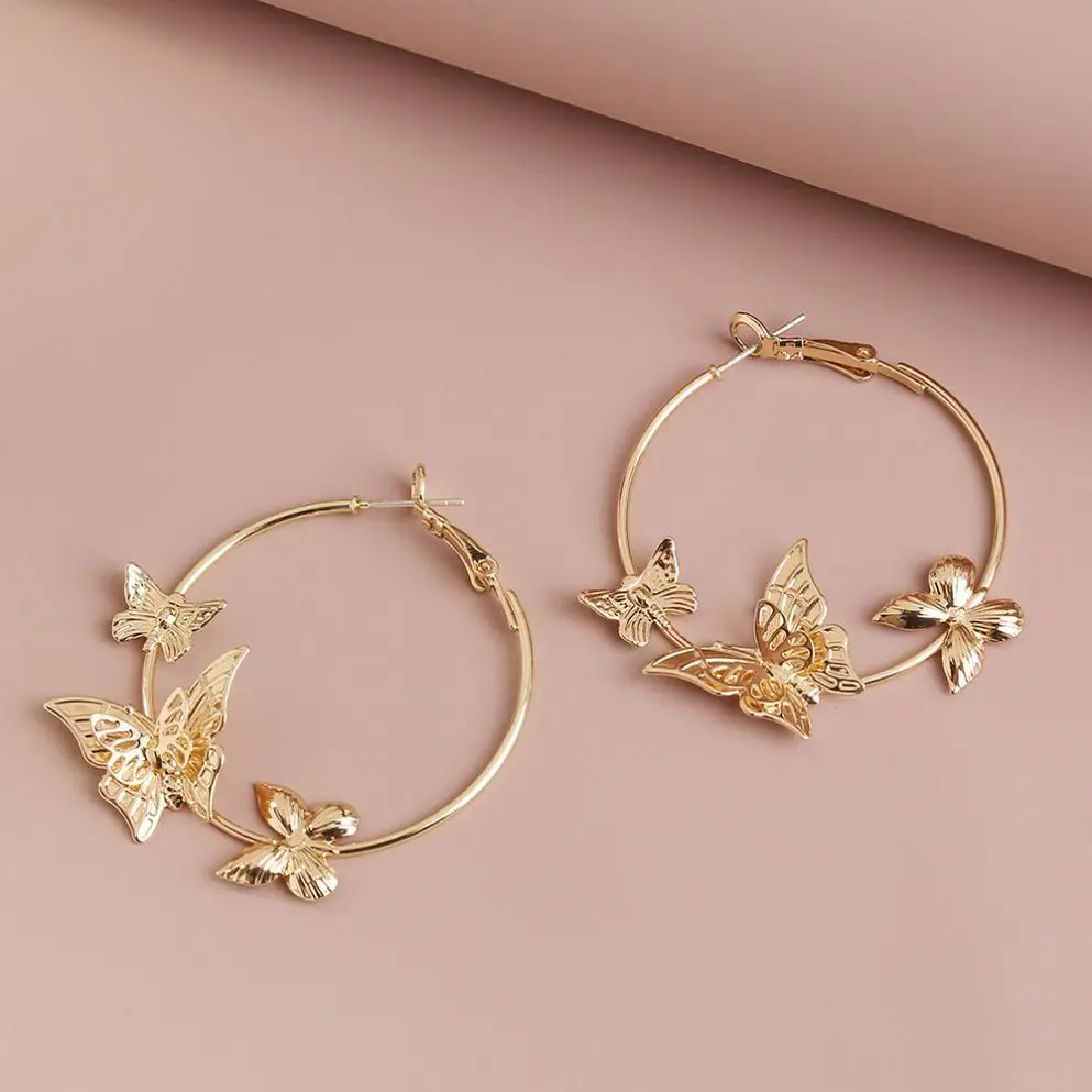 

Gold plated big circle dangle hoop earrings European American fashion earrings metal butterfly earrings