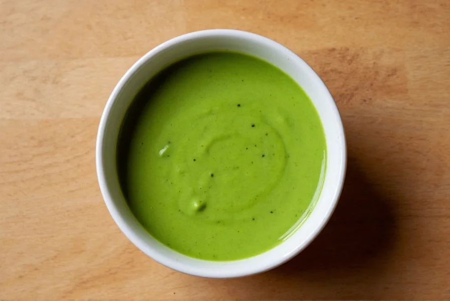 Homemade matcha sauce in a small ceramic bowl with whisk