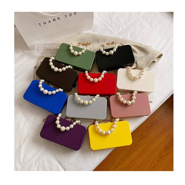 

Ladies Pearl Chain Small Square Bags Fashion Acrylic Crossbody Tote Bag Women PVC Handbags and Purses Evening Clutch Jelly Sac