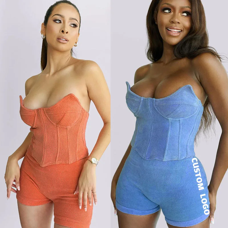 

Free Shipping Casual Solid Color Women Two Piece Set New Arrival Strapless Crop Top Hot Short Pant Streetwear Set, Customized color