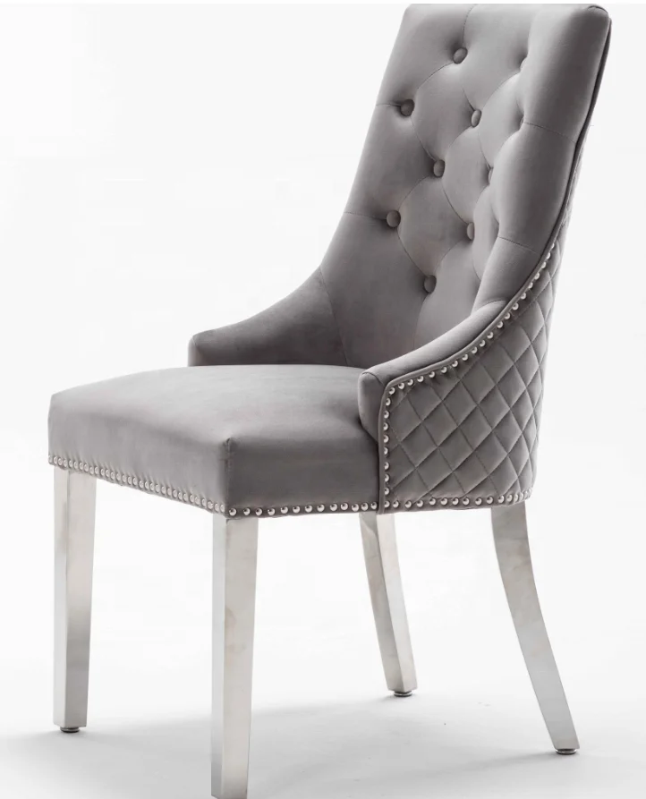 Grey Velvet Fabric Square Back Dining Chair With Lion Knocker And