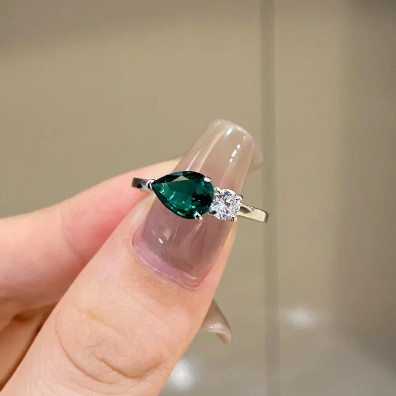 Versatile Delicate Green Water Drop Zircon Diamond Ring Anxiety Ring 925 Sterling Silver Emerald Ring