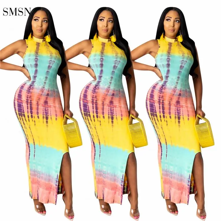 

SMSN QUEENMOEN New Style Casual Summer Sleeveless Slit Ladies Tank Dress Tie Dye Print Straight Women Maxi Long Dress