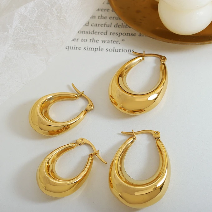 Vintage U Shape Water Drop Hoop Earrings 18K Gold Plated Fashion Stainless Steel Jewellery