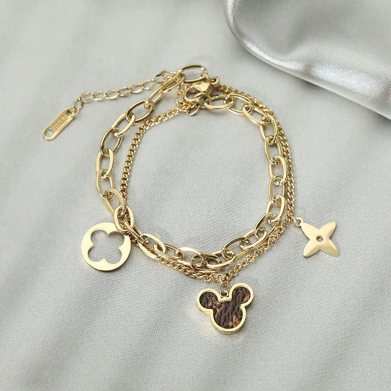 

Titanium Steel Mickey Mouse Bracelet Double Layered Bracelet Gold plated Stainless Steel Mickey Mouse Bracelet