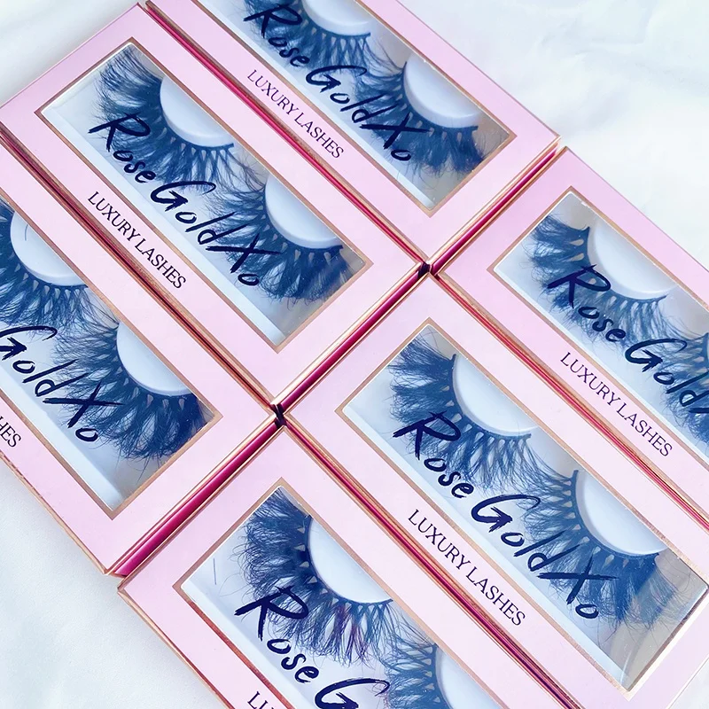 

Pink wholesale 25mm 3D faux wispy mink eyelash vendor customize paper natural strip lash box