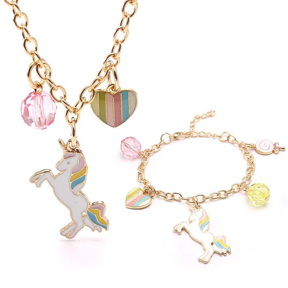 

MINHIN Baby Girl Unicorn/Heart Pendant Charms Necklace Bracelets Set Fashion Party Jewelry Set Gifts For Kids Child Todd