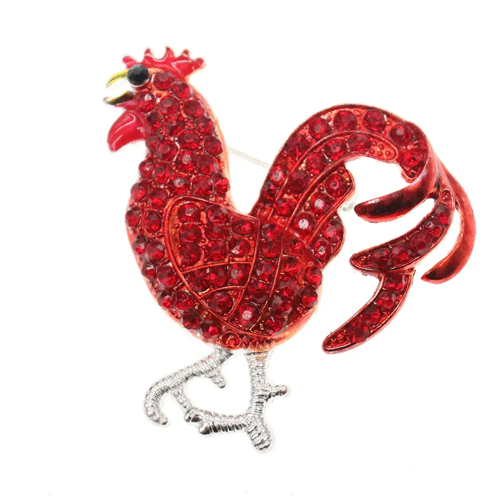 

Silver Tone Red Cock Shape Brooch Pin Rhinestone Crystal Animal Rooster Broches for Women, Picture