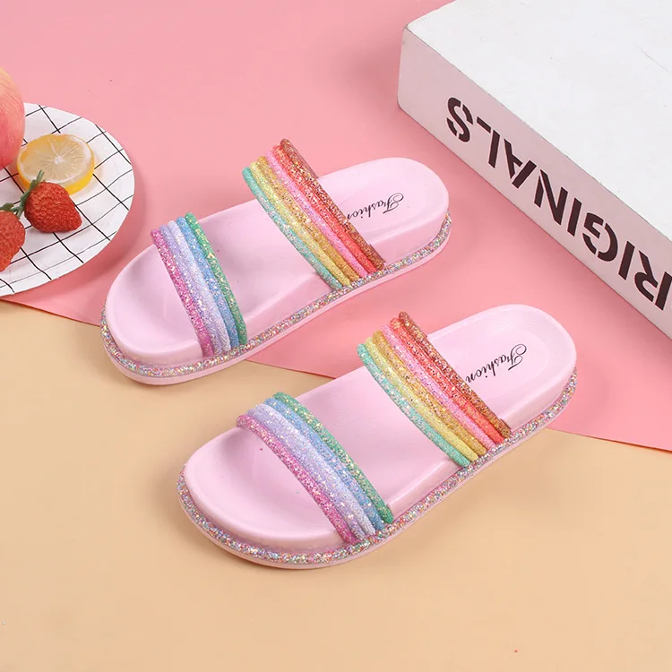 

New Product 2019 Thick Bottom Slope Heel Beach Shoes Fit Summer Women Rainbow Slippers, White/pink