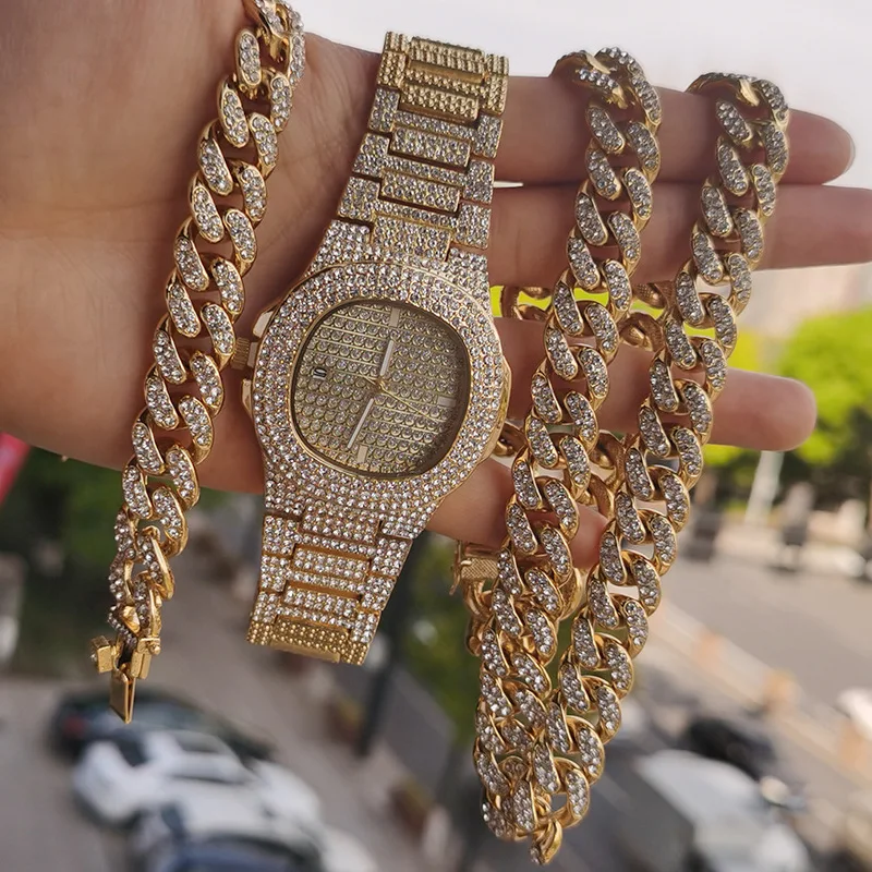 

Men Rapper Jewelry Gold Plating 12MM Bling Iced Out Crystal Watch Miami Cuban Chain Hip Hop Watch Bracelet Jewelry Set