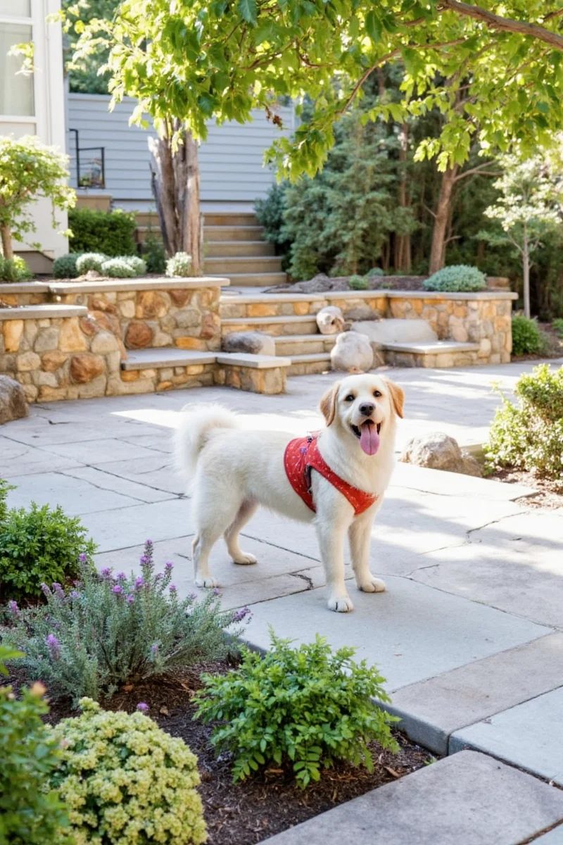 Golden retriever and tabby cat relaxing together on a sunny patio surrounded by pet-friendly decor.