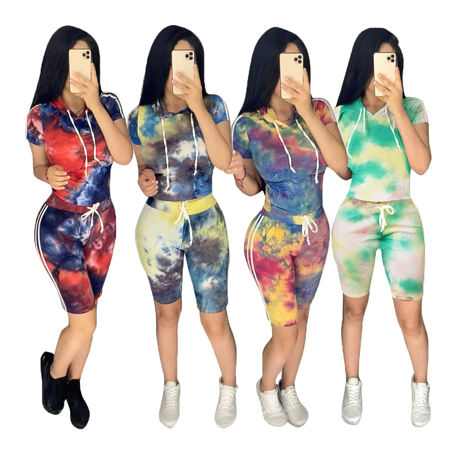 

Foma CM744 Summer fashion tie dye printed hoodie top and biker shorts casual slim sports women 2 two piece set, 4 colors