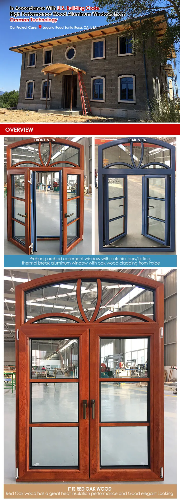 NFRC 2020 WIND half round arch aluminum wood casement drawing window