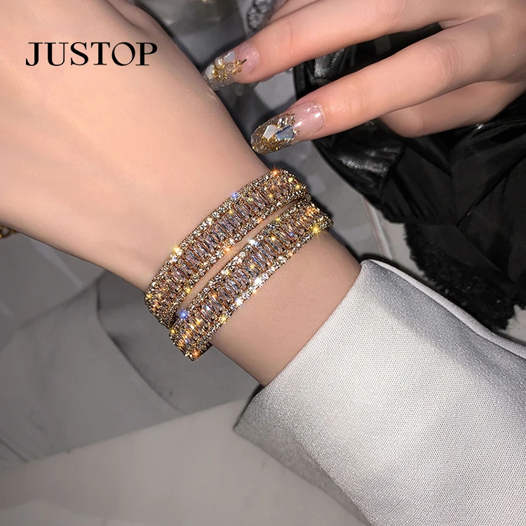 

Luxury Wide Bling Rhinestone Tennis Chain Open Bangle Bracelet Sparkling CZ Diamond Crystal Bracelet For Women Party