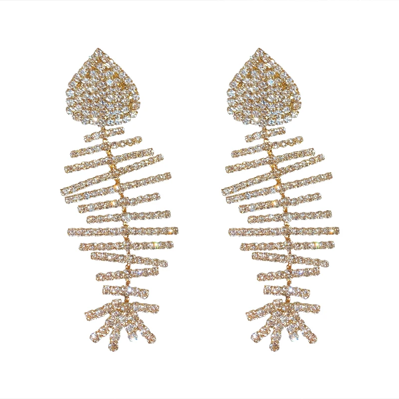

New Luxury Full Rhinestone Fish bone Shape crystal earrings silver