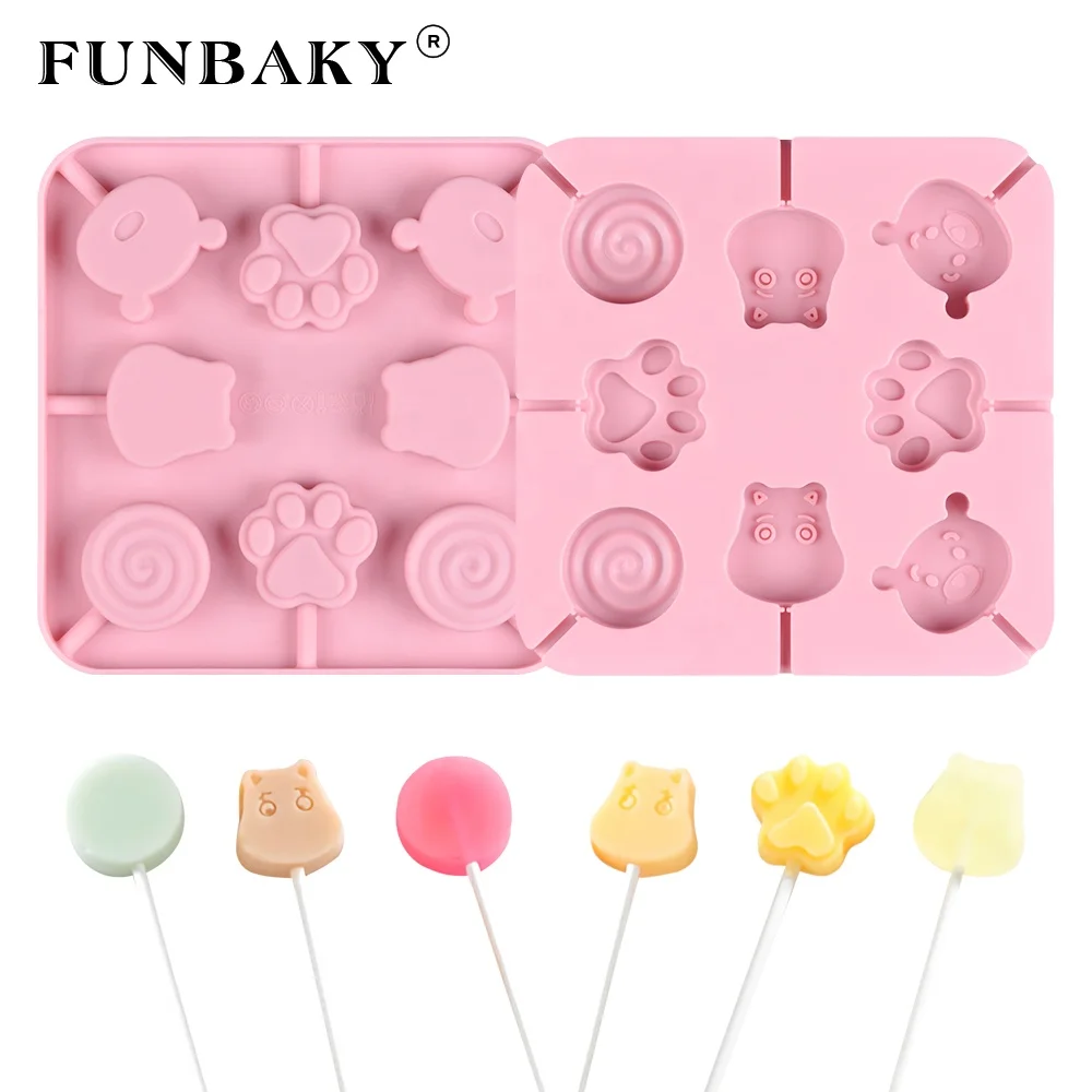 

FUNBAKY JSC3334 Candy making tool paw hippo bear round shape lollipop silicone mold household molds 8 cavity DIY lollypop making, Customized color