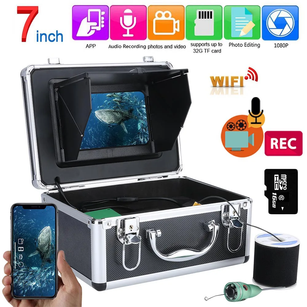 

7inch Fish Finder Underwater Fishing 1080P Camera Kit 7 Inch WIFI Wireless 16GB Video Recording DVR +15M 6W IR Underwater Camera, Black