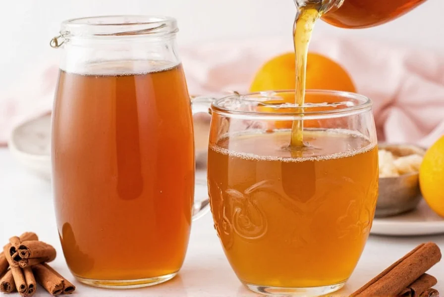 Glass bottle filled with golden cinnamon syrup next to coffee cup and cocktail