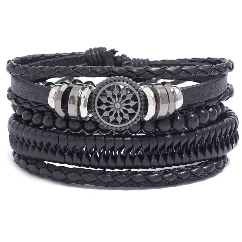 

4pcs/ set Adjustable Leather Bracelets for Men Braided Black Brown Bangle Life Tree Leaf Rudder Charm Bracelet Gift