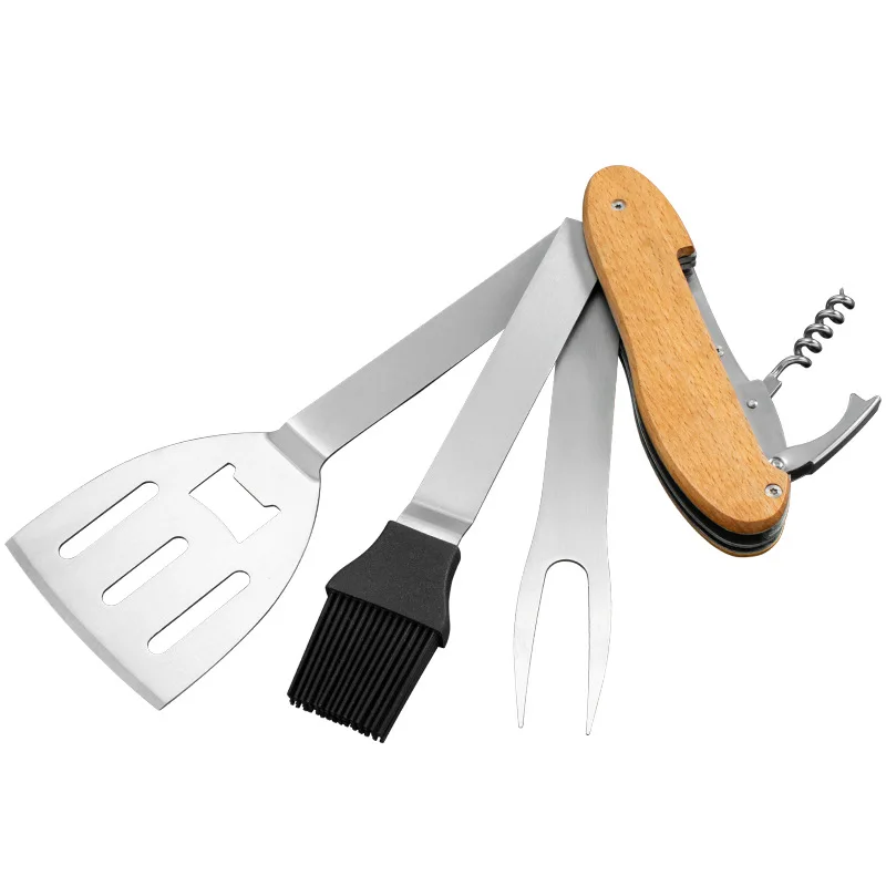 

BBQ Grill Multi Portable bbq Knife Foldable Detachable bbq Tool Set with Cleaning Brush and Fork Best for Dad Gift, Natural