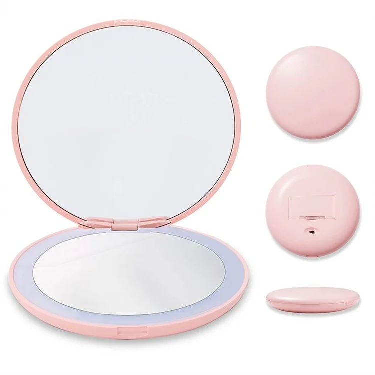 

Folded Double Ways Magnification Touch Screen Switch Round Shape Led Lights Mini Small Compact Mirror