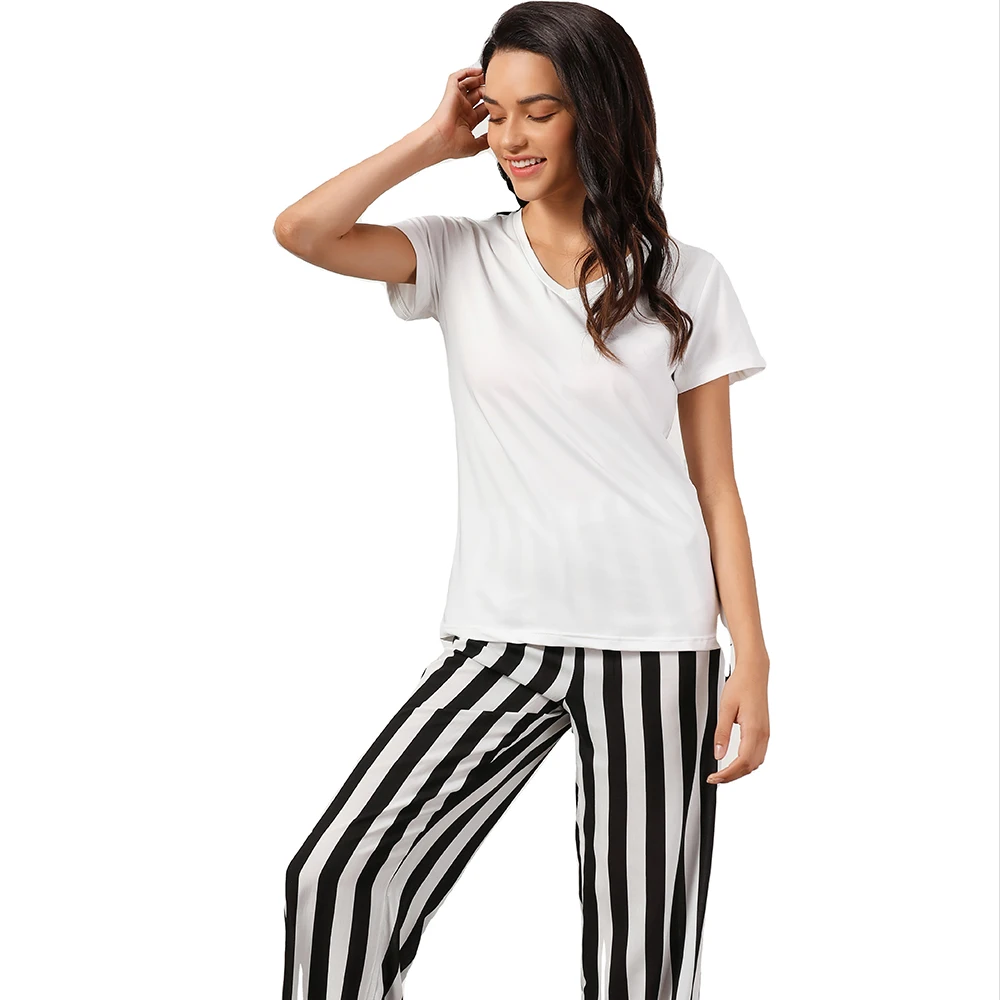 

V neck white color tshirt top and stripes pants pj set pyjamas negligee sex clothes women pijamas nighties loungewear 2 piece