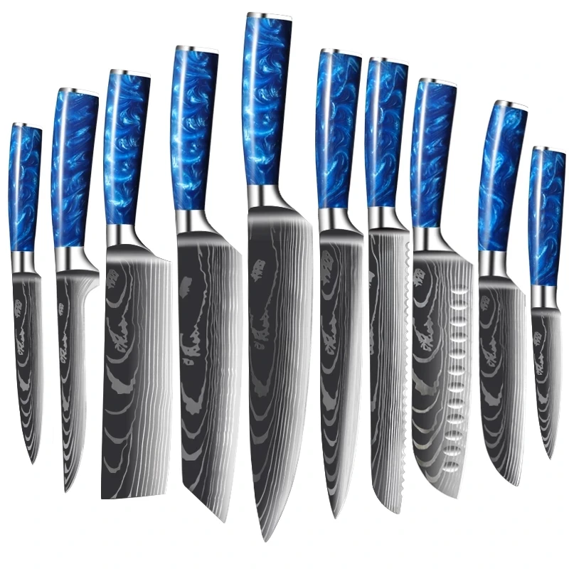 

Elegant 10pcs 5Cr15mov stainless steel damascus laser pattern kitchen knife set with celluloid handle