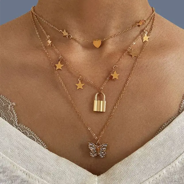 

2022 New Arrivals Gold Plated Layered Butterfly Pendant Necklace Lock and Heart Chain Necklace for Women