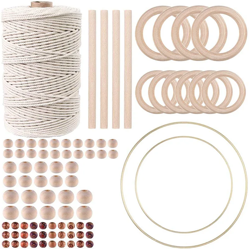 

Custom DIY 100meters 100% natural macrame cord cotton rope 3mm wooden beads macrame kit for DIY plant hangers home decor