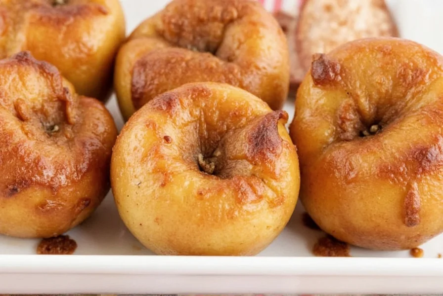 Two halves of cored apples filled with cinnamon sugar mixture in ceramic baking dish