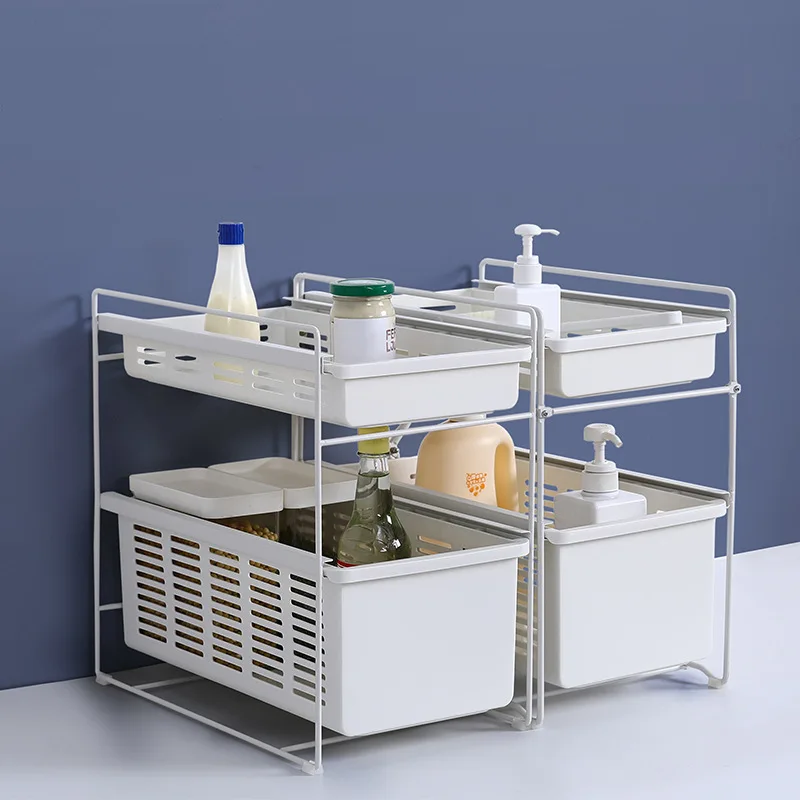 

Ins Hot Stainless Steel PP Kitchen Bathroom Double-layer Vegetables Fruits Condiments Spice Pull-out Storage Rack with Drawer, White