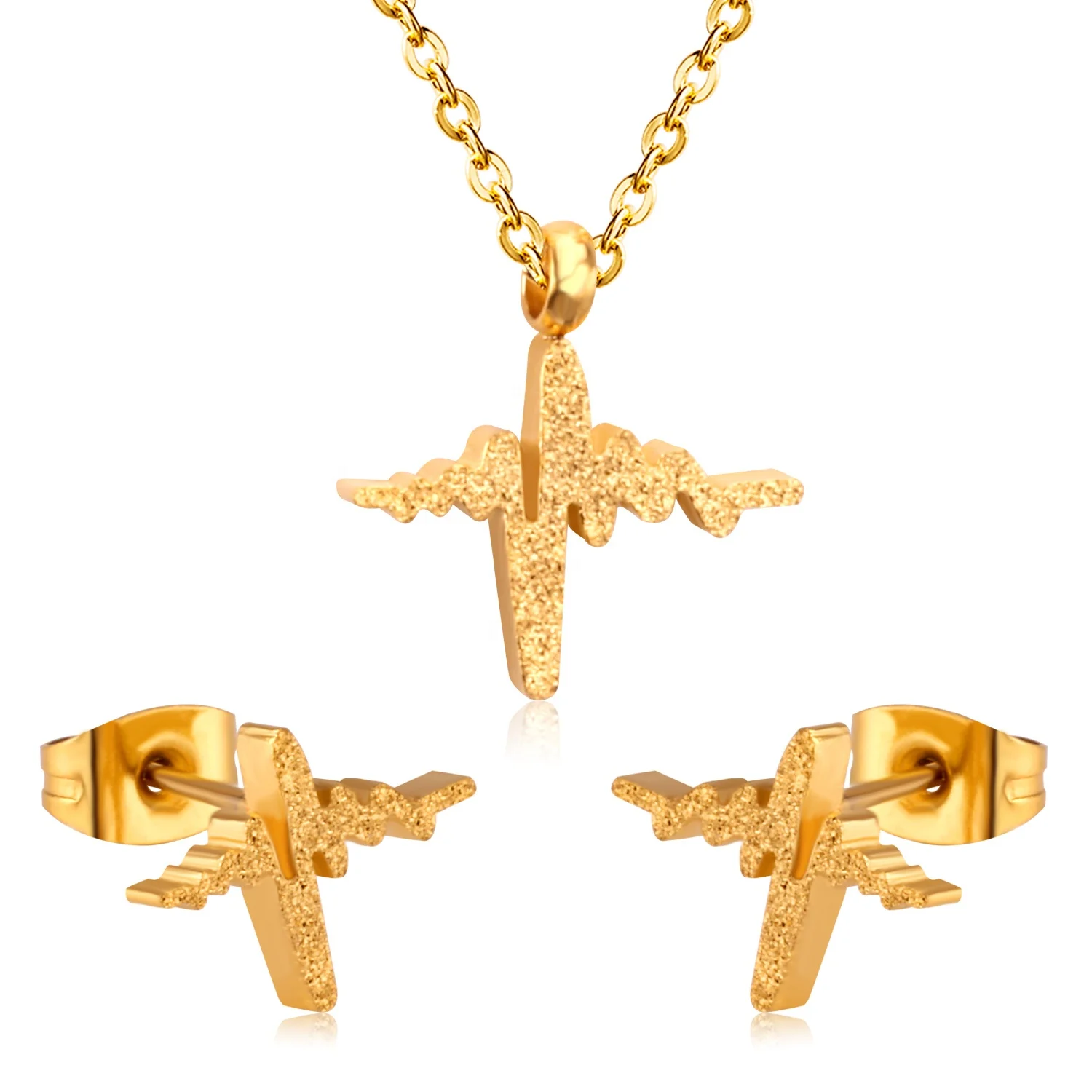 

Gold Stainless Steel Heartbeat Necklace Earring Jewelry Set for Sale, Gold/silver available
